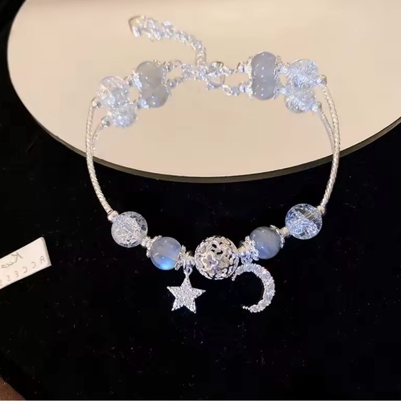 Silver Star and Moon  Charm Beaded Bracelet - Picture 3 of 4